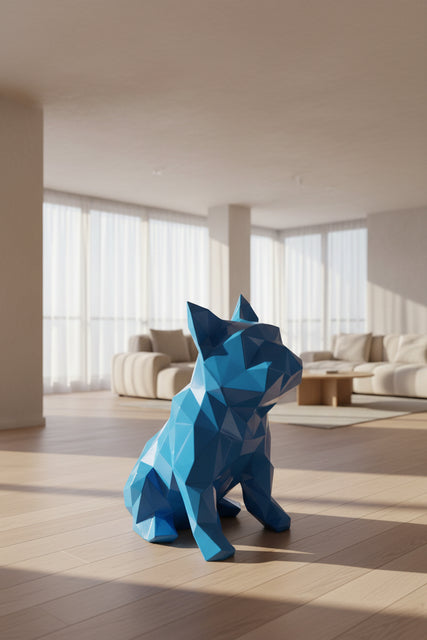 Blue geometric dog sculpture on a wooden stump with a natural background