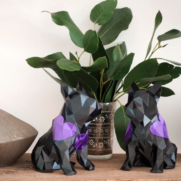 French Bulldog Geometric sculpture - Frank in white with purple hearts