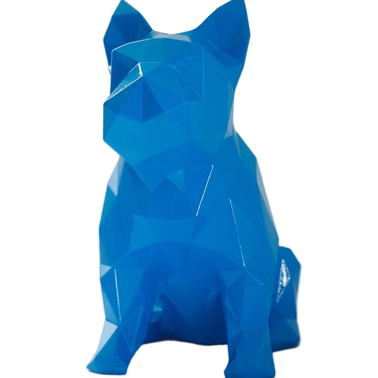 A blue geometric sculpture of a French Bulldog designed with multiple facets, displayed against a plain background.